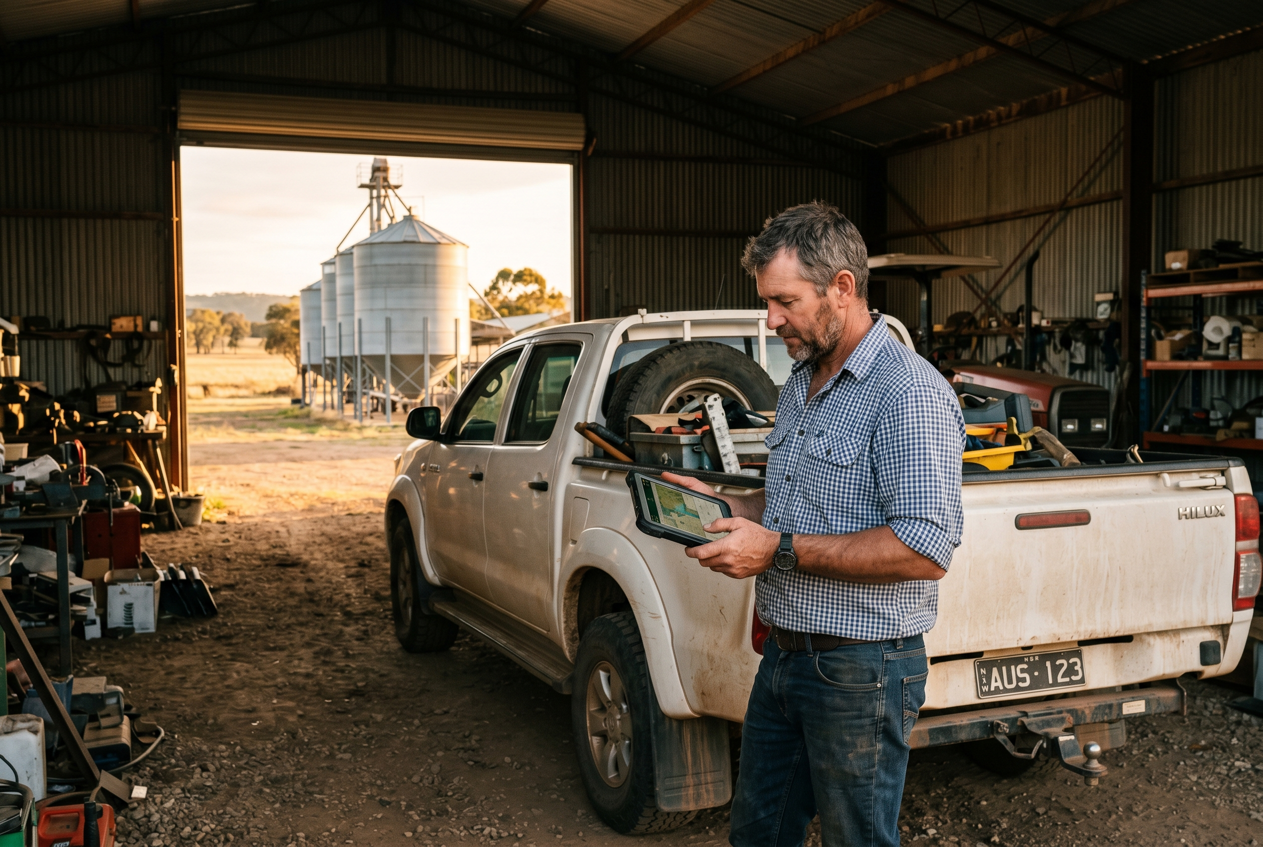 An ag business owner using a tablet on the farm